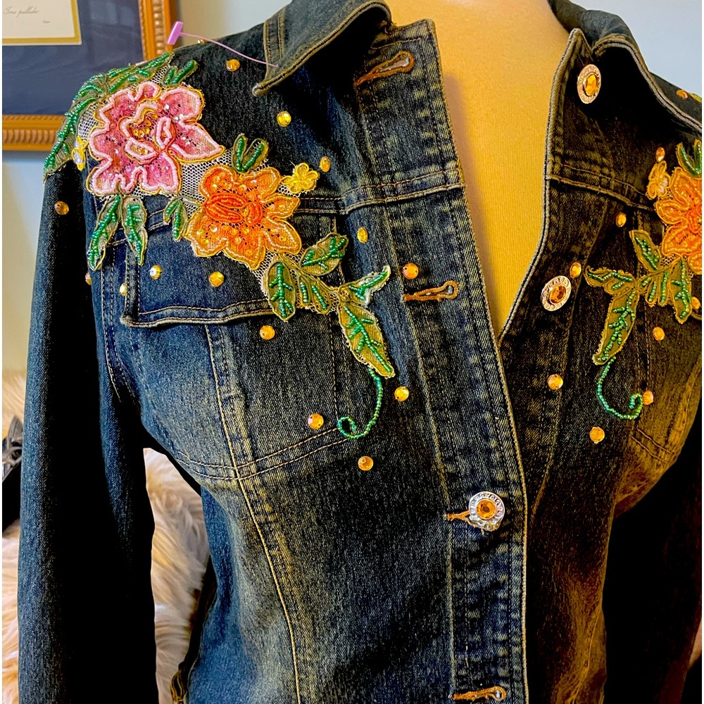 NWT KAITY Rhinestone Boho Beaded Floral Jean Jacket Size M